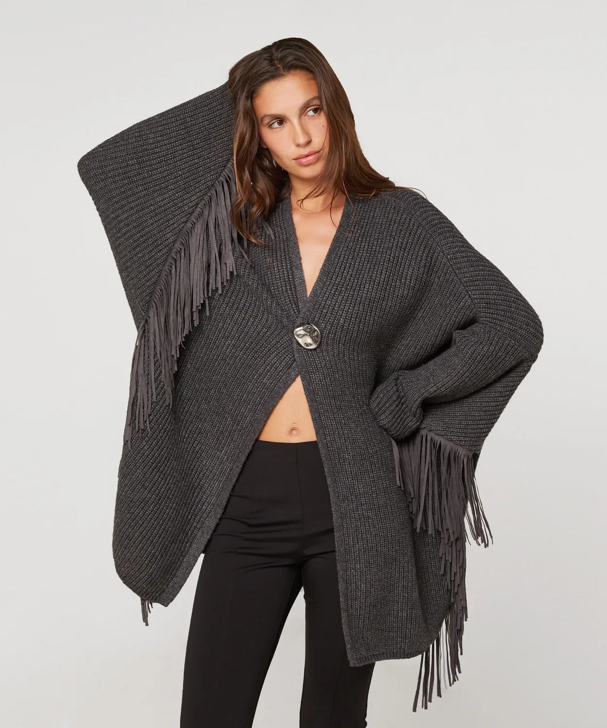 Rodier Cardigan Oversize Frange Lana Grigio Antracite