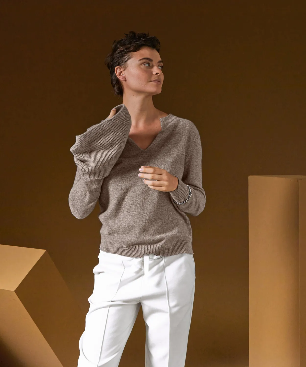 Rodier Maglione Cashmere Collo Tunisino Tortora