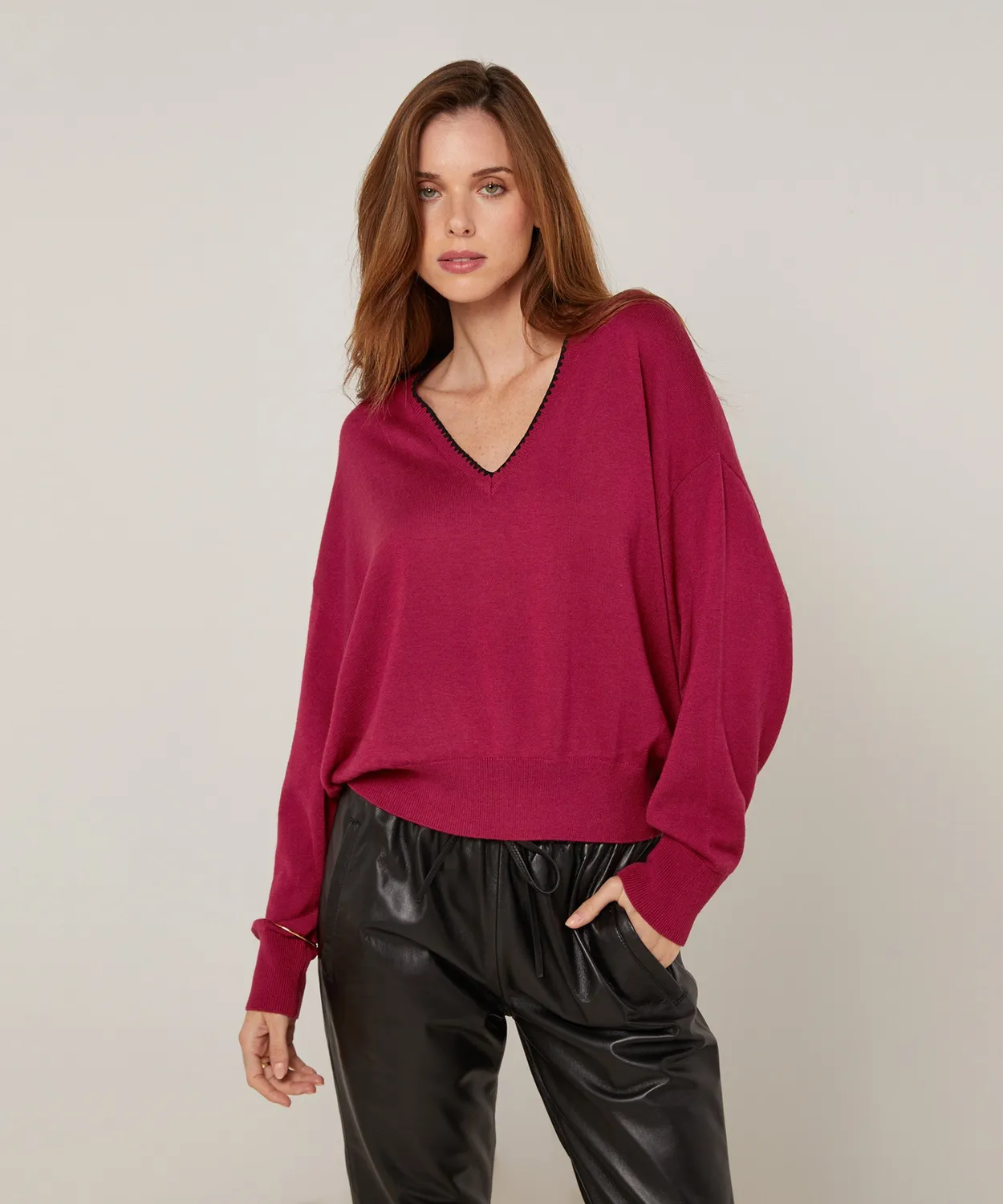 Rodier Maglione scollo a V granata maglia fine