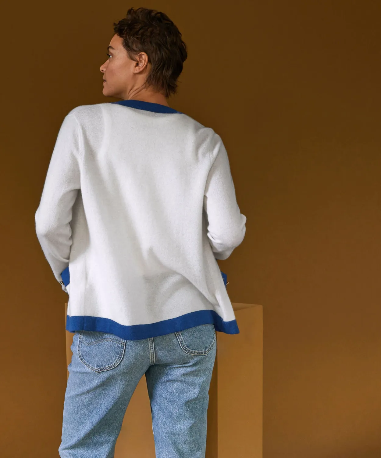 Rodier Cardigan Bicolore Cashmere Bianco 2 Fili Donna