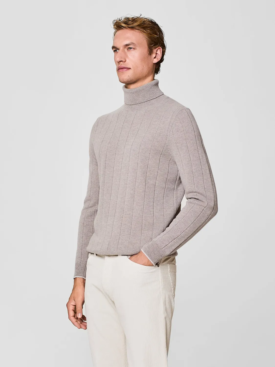 Paul Taylor Dolcevita Maglia Taupe Misto Cashmere Costa Piatta
