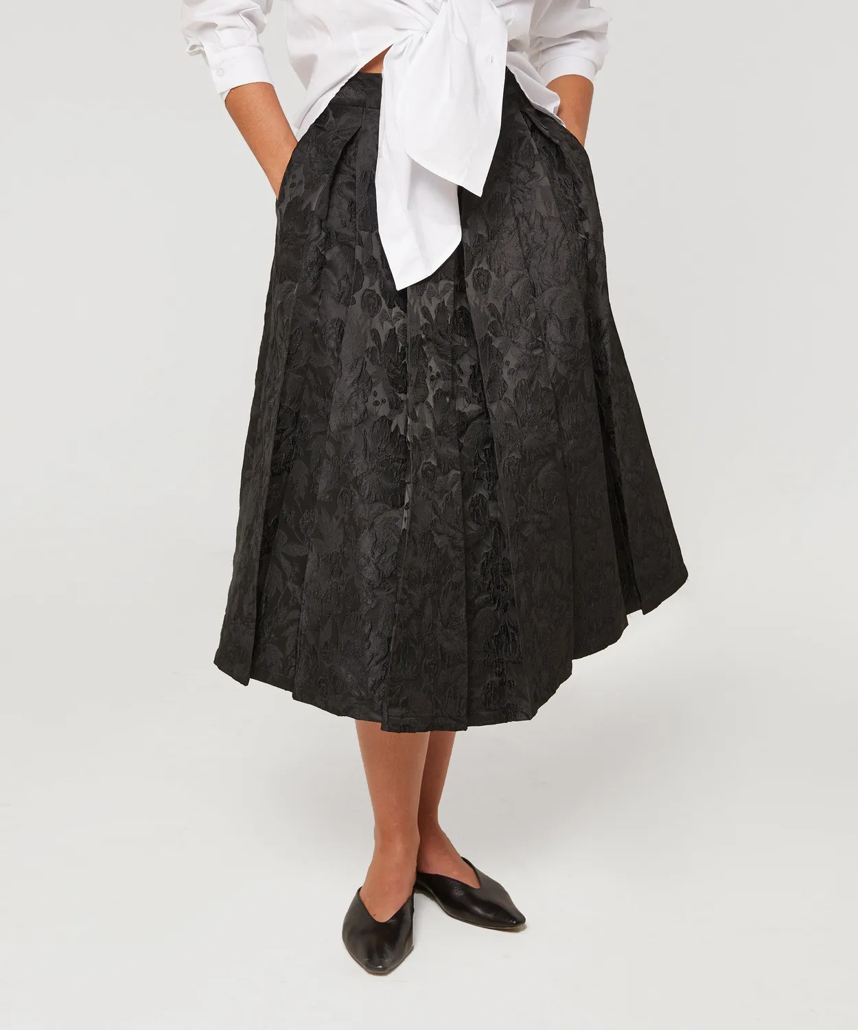 Rodier gonna svasata midi nera broccato floreale