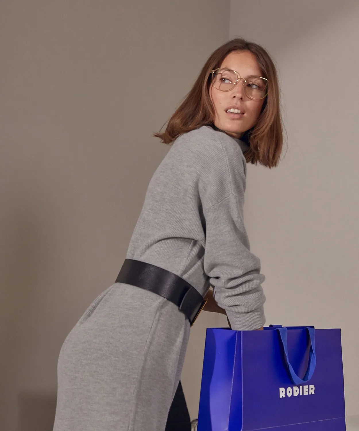 Rodier abito maglia collo alto ampio grigio medio