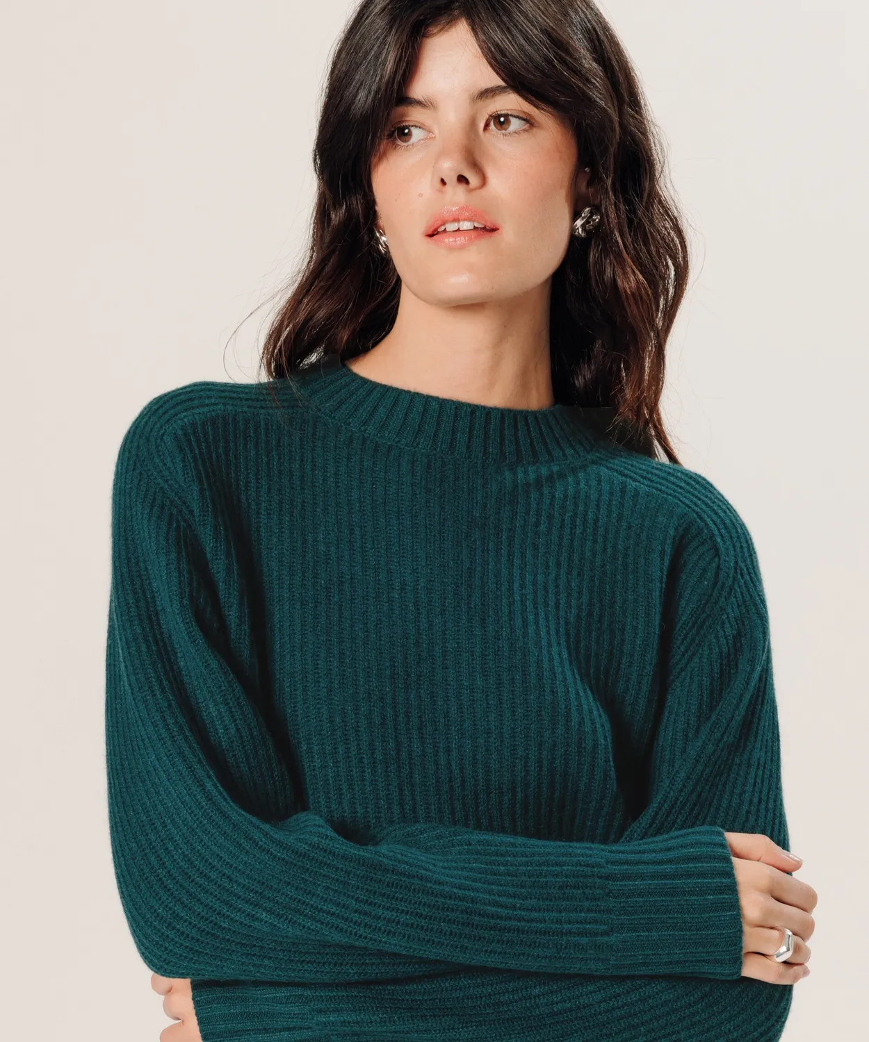 Rodier Maglione Girocollo Coste Cashmere Verde Anatra