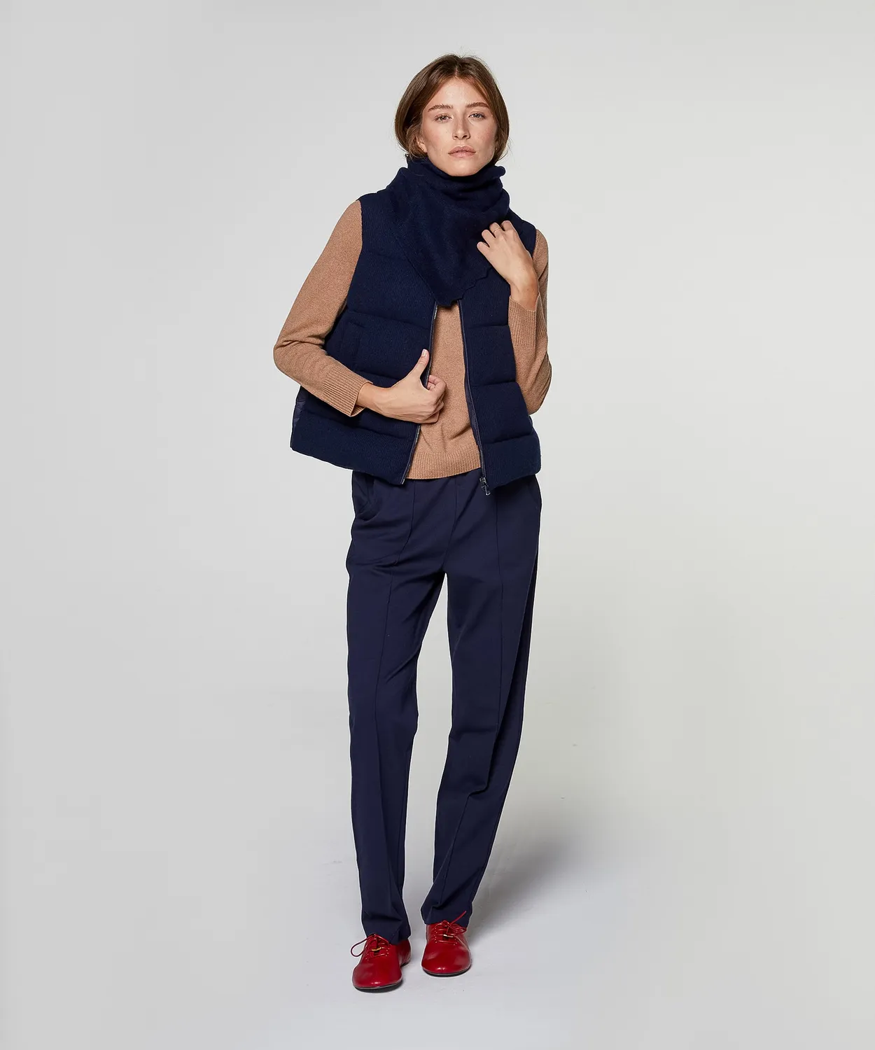 Rodier piumino smanicato cashmere blu marino trapunta