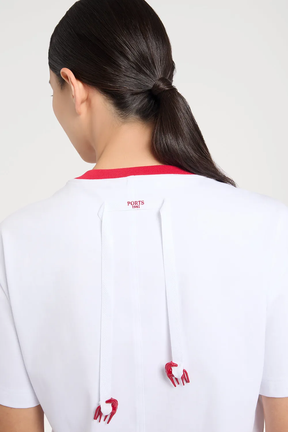 PORTS PW126KKC51 t-shirt bianca collo rosa optic white