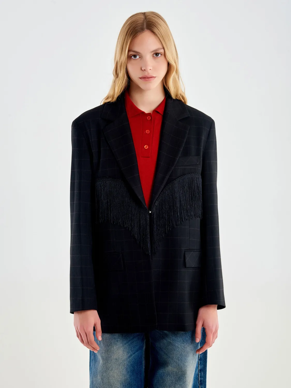 Vicolo Giacca con Frange check nero taglia unica