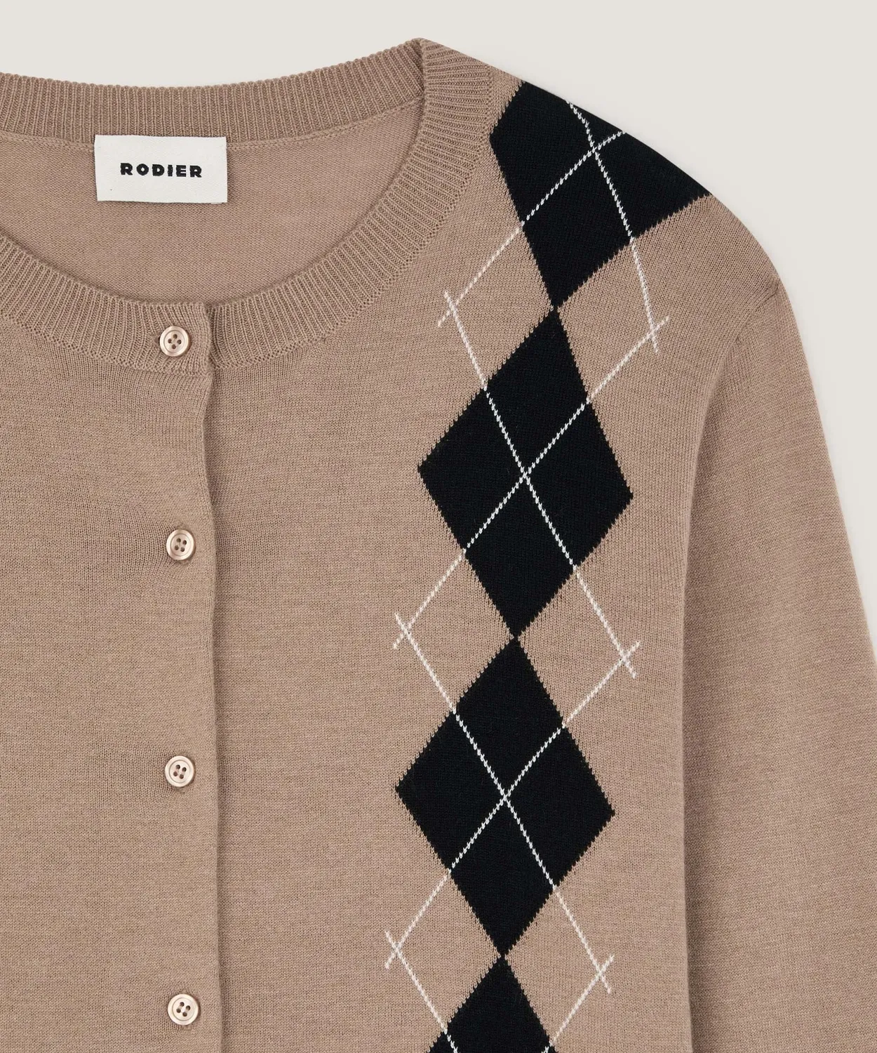 Rodier cardigan jacquard rombi maglia fine marrone moka