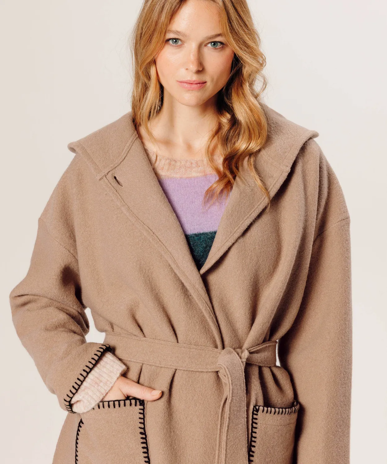 Rodier Cappotto Lana Cotta Beige Ficelle Cappuccio