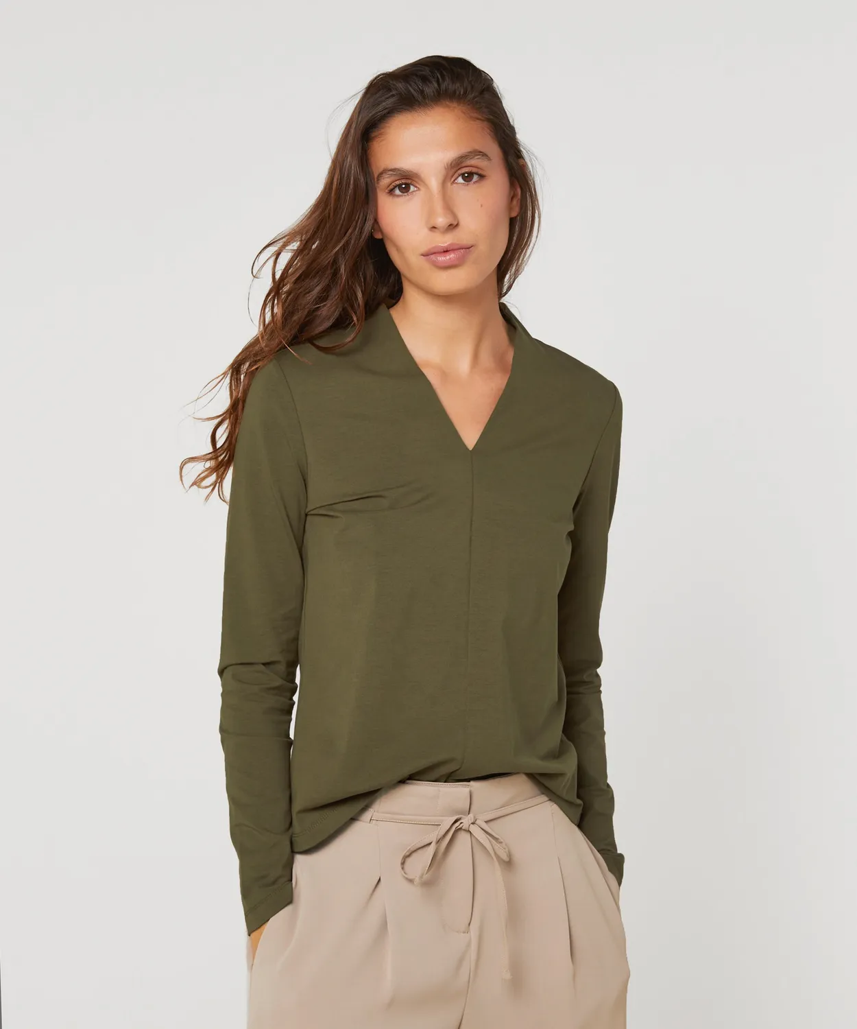 Rodier T-shirt scollo a V maniche lunghe kaki morbida