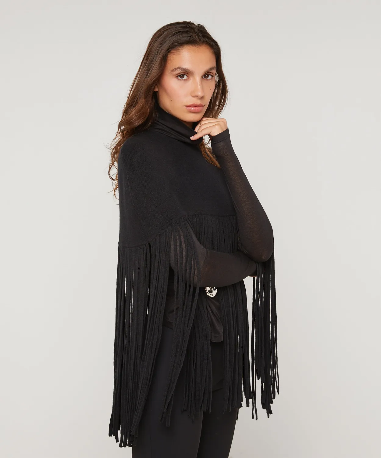 Rodier Mantella con frange Nero maglia densa