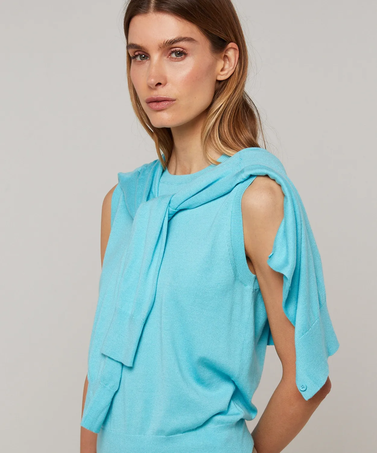 Rodier twin set seta blu turchese girocollo