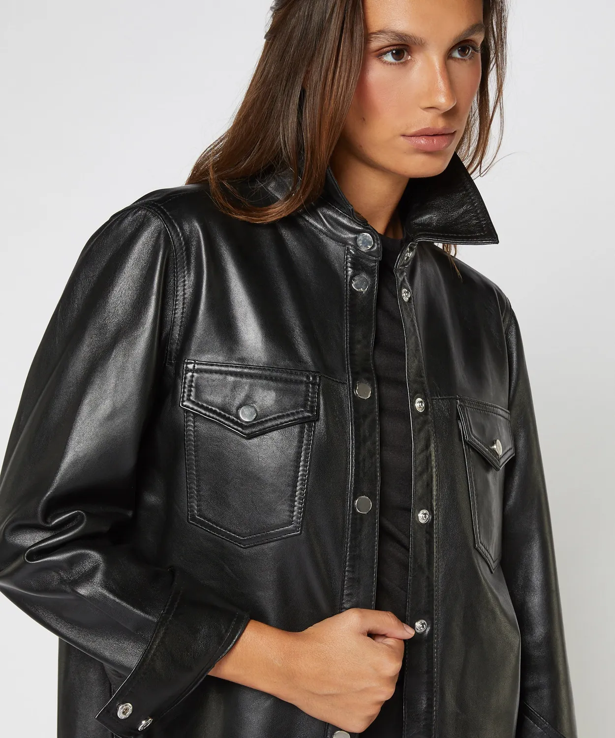 Rodier Camicia Pelle Nera Agnello Tasche Bottoni