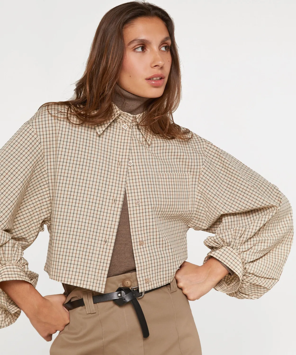 Rodier camicia corta quadri beige maniche sbuffo