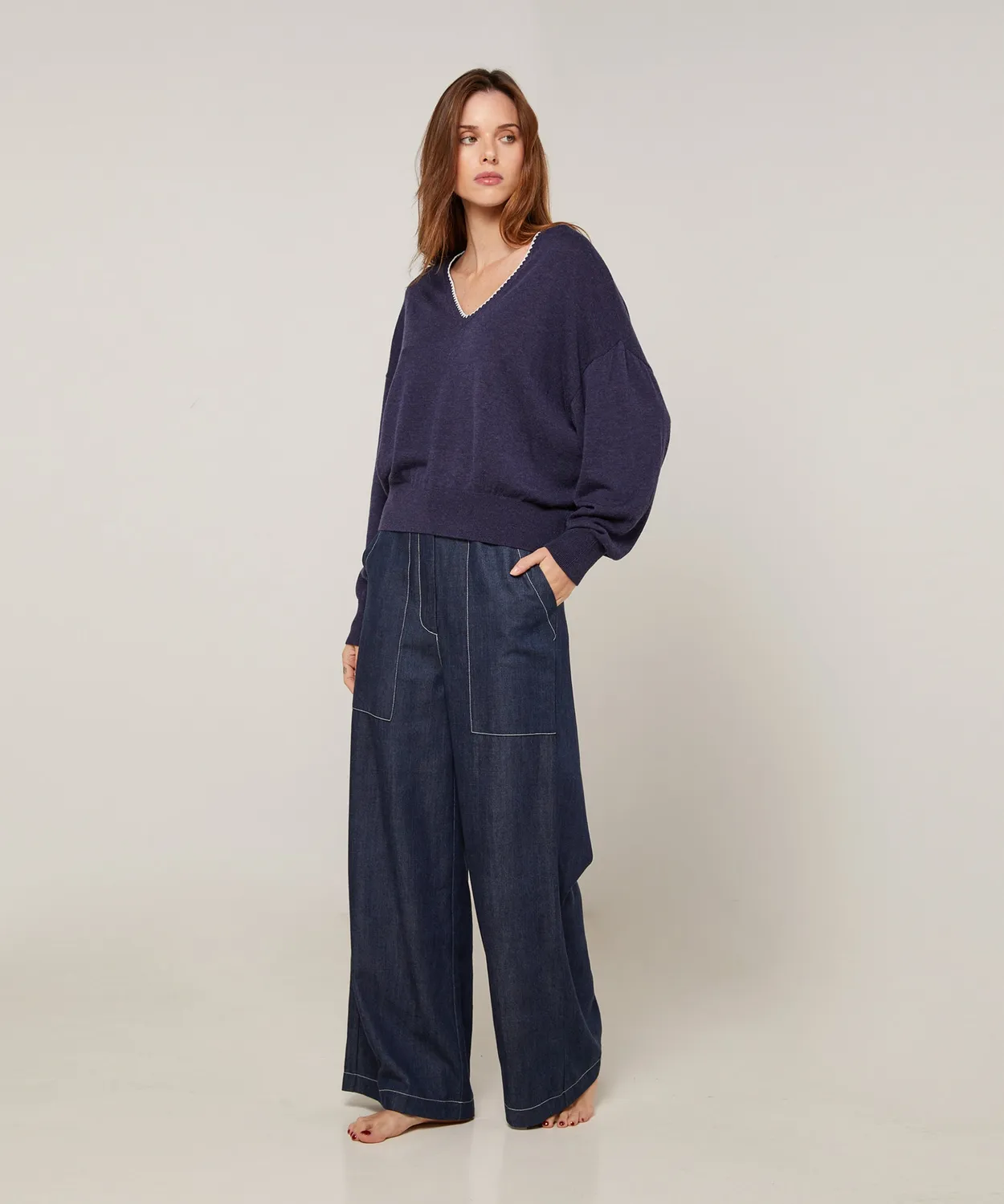 Rodier maglione scollo V maglia fine denim blue taglia M