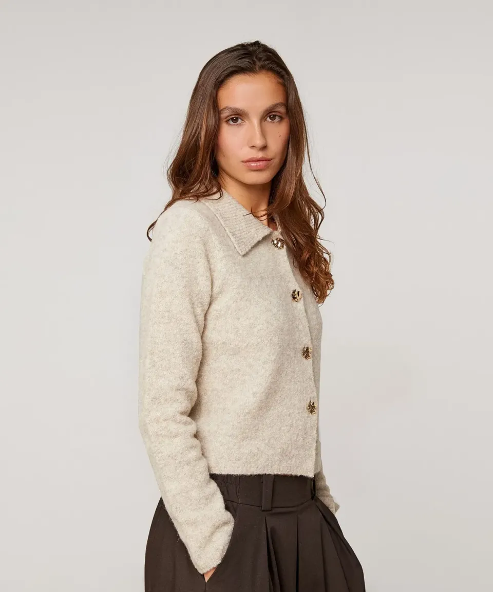 Rodier cardigan corto spalline beige chiné lana mista