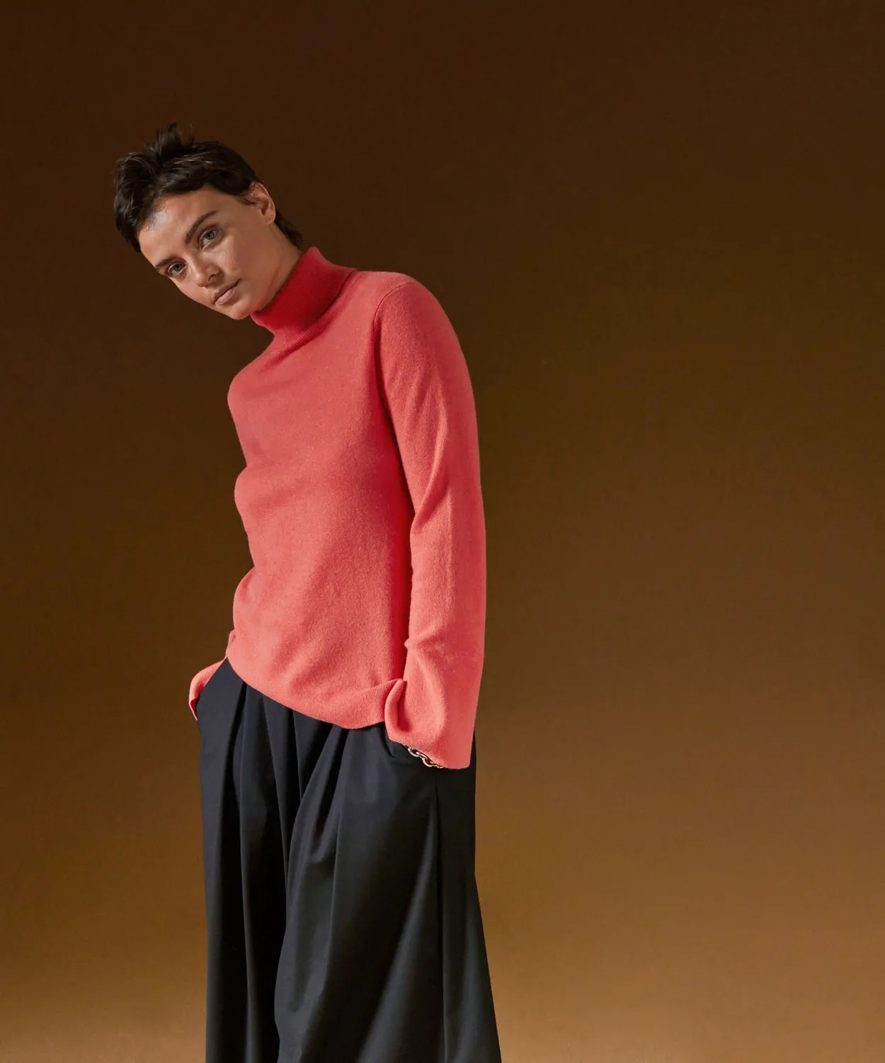 Rodier maglione cashmere dolcevita arancione corallo