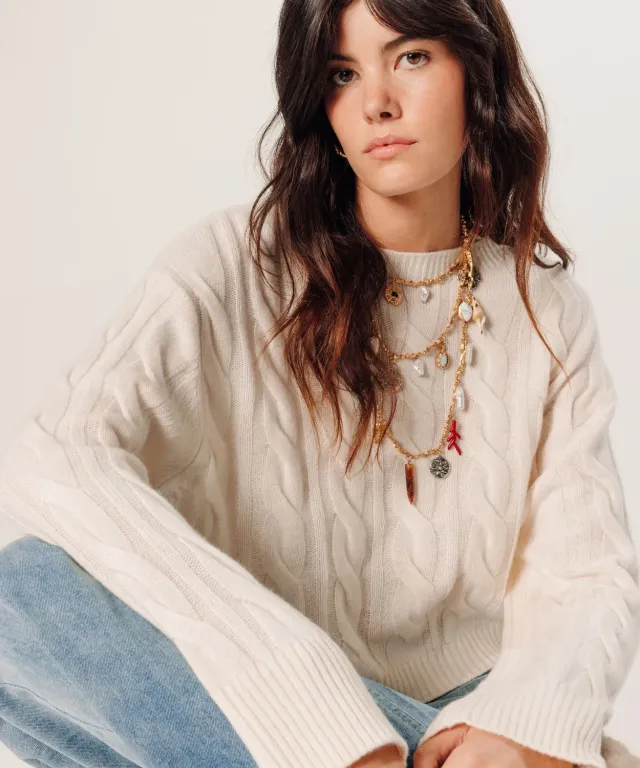 Rodier maglione corto cashmere trecce donna bianco ecru