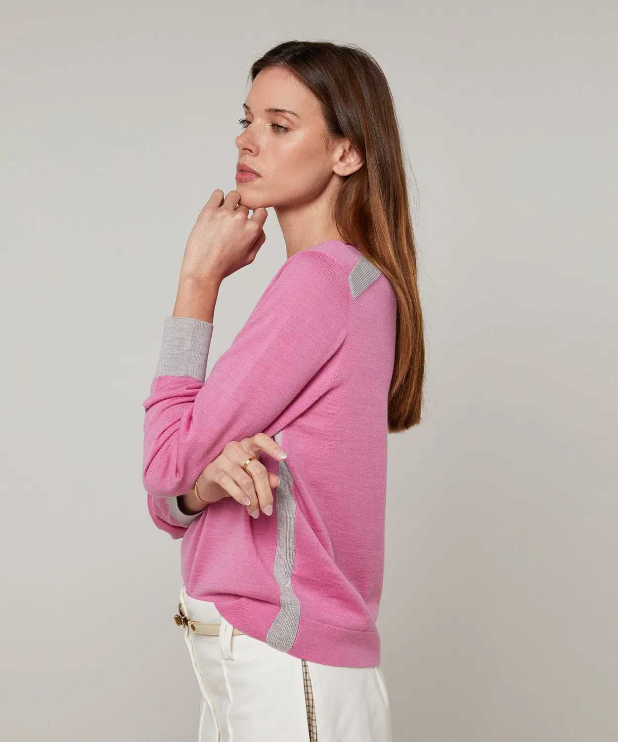 Rodier Maglia girocollo tricolore lana merino rosa candy