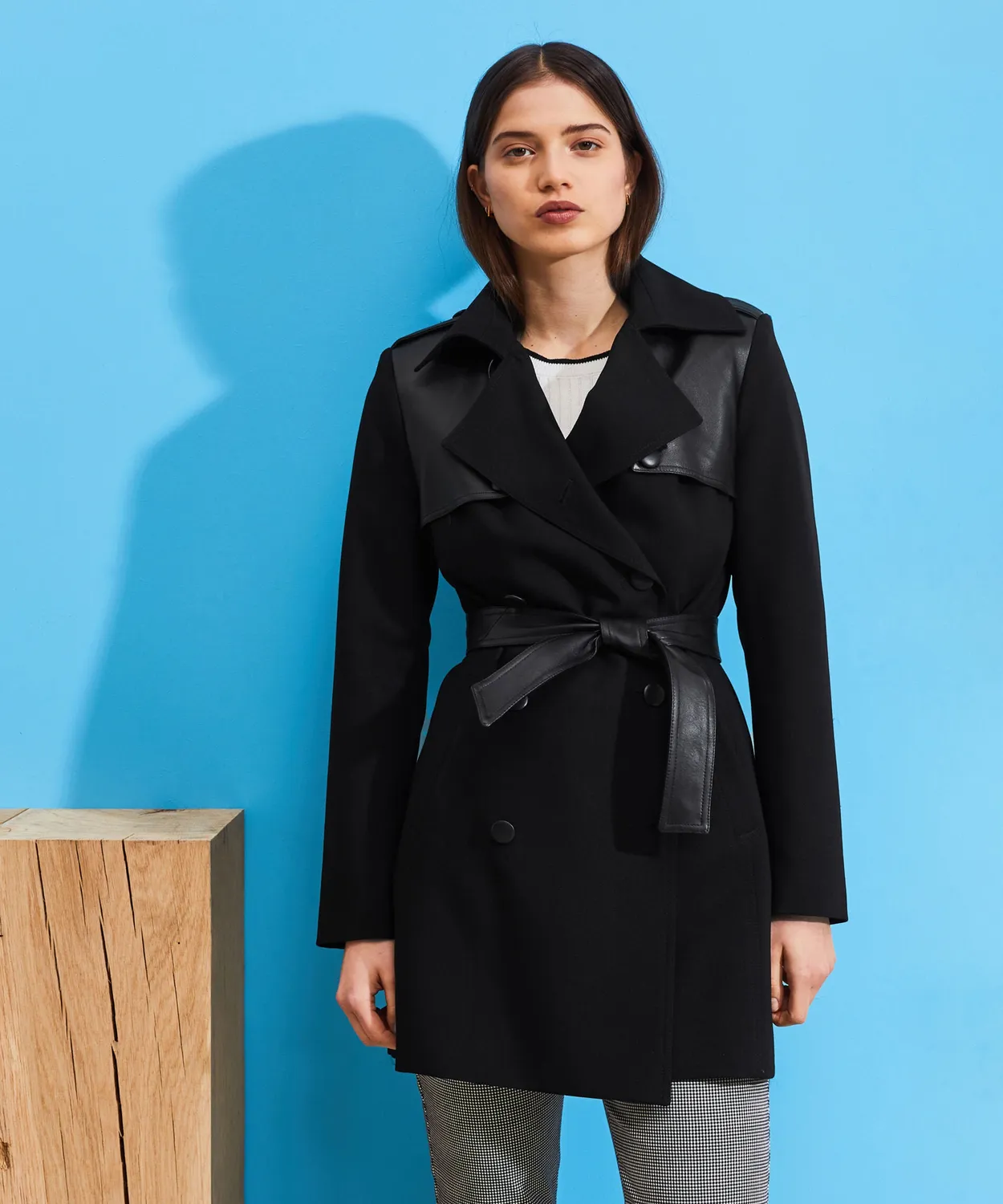 Rodier Trench bimateriale in pelle nero al ginocchio