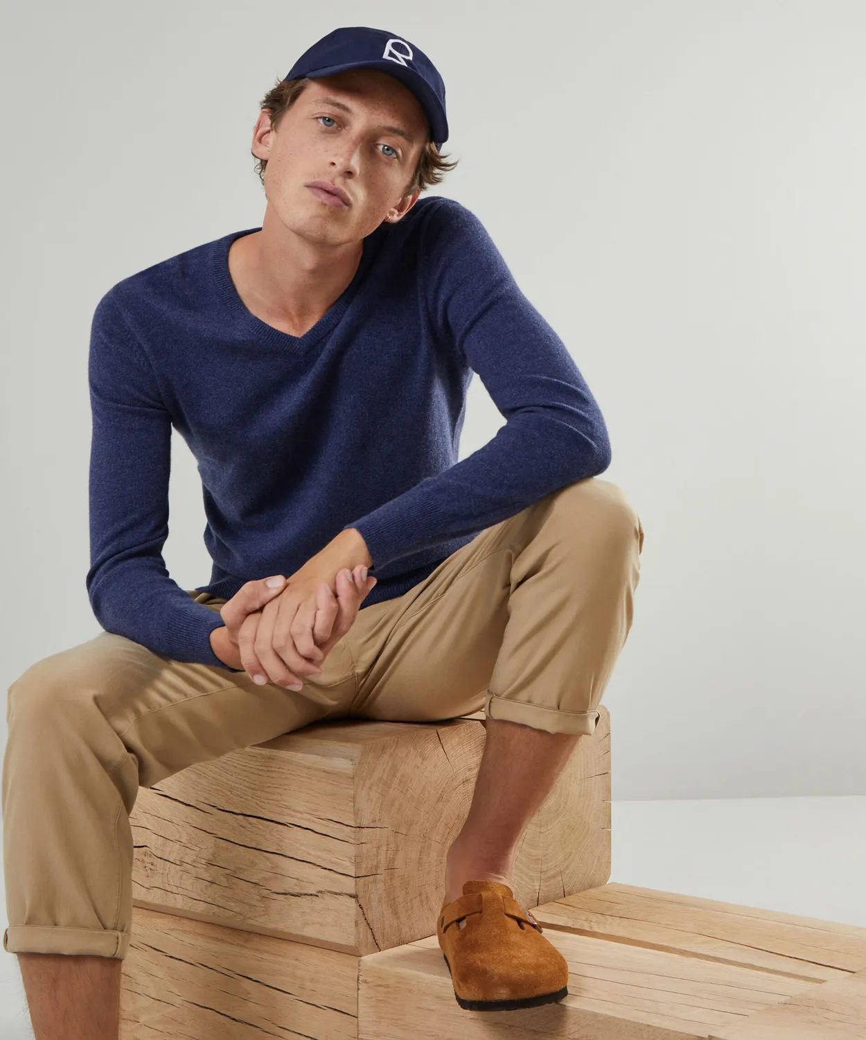 Rodier maglione V uomo cashmere blu denim