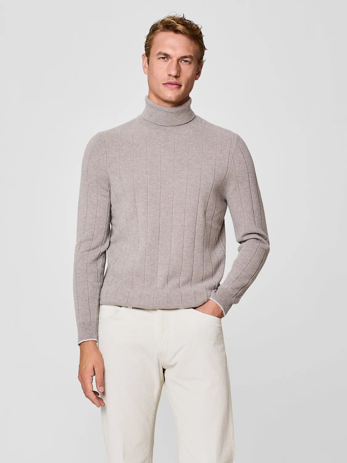Paul Taylor Dolcevita Maglia Taupe Misto Cashmere Costa Piatta