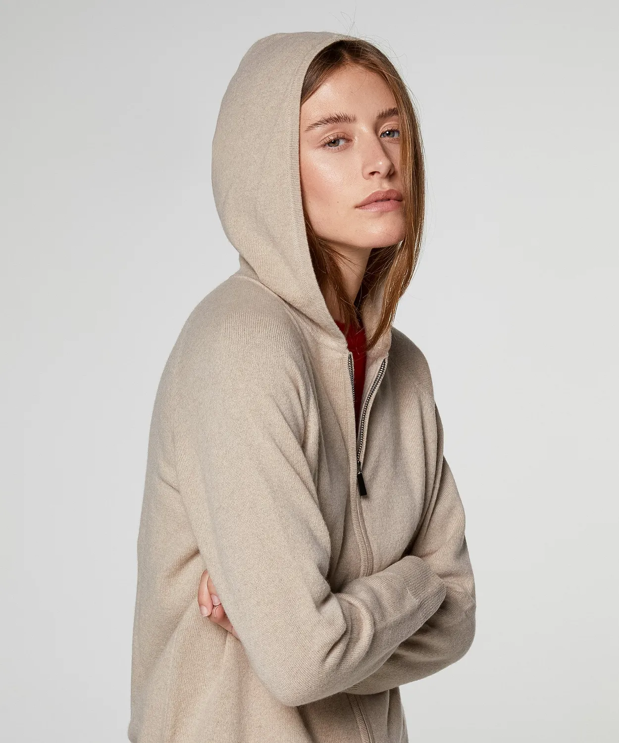 Rodier Giacca Cashmere Cappuccio Beige zip lunga