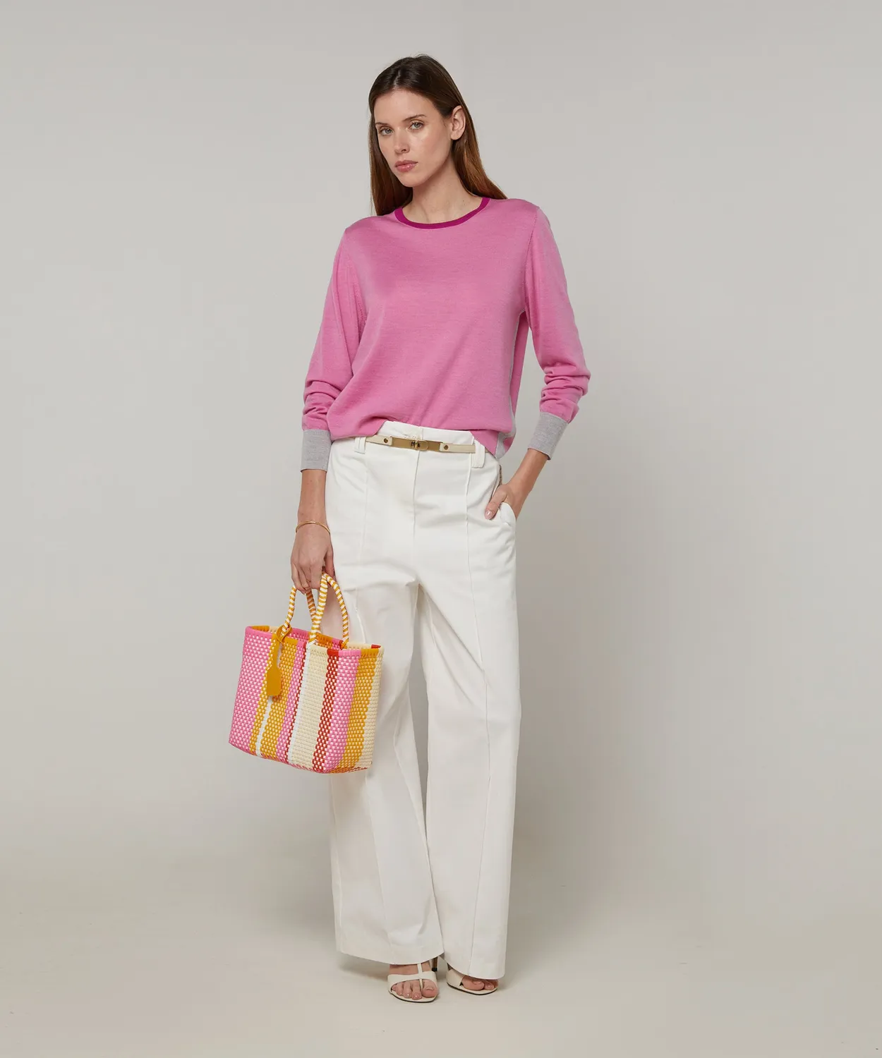 Rodier Maglia girocollo tricolore lana merino rosa candy