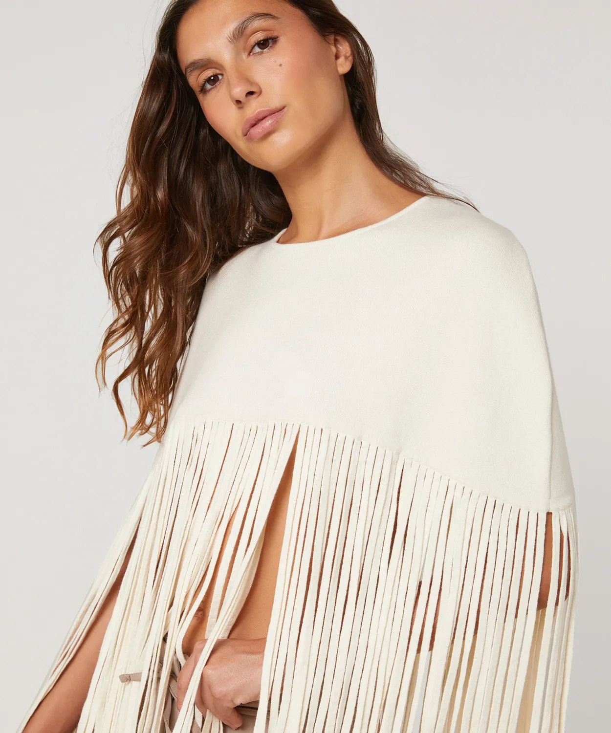 Rodier Mantella con frange Ecru maglia strutturata