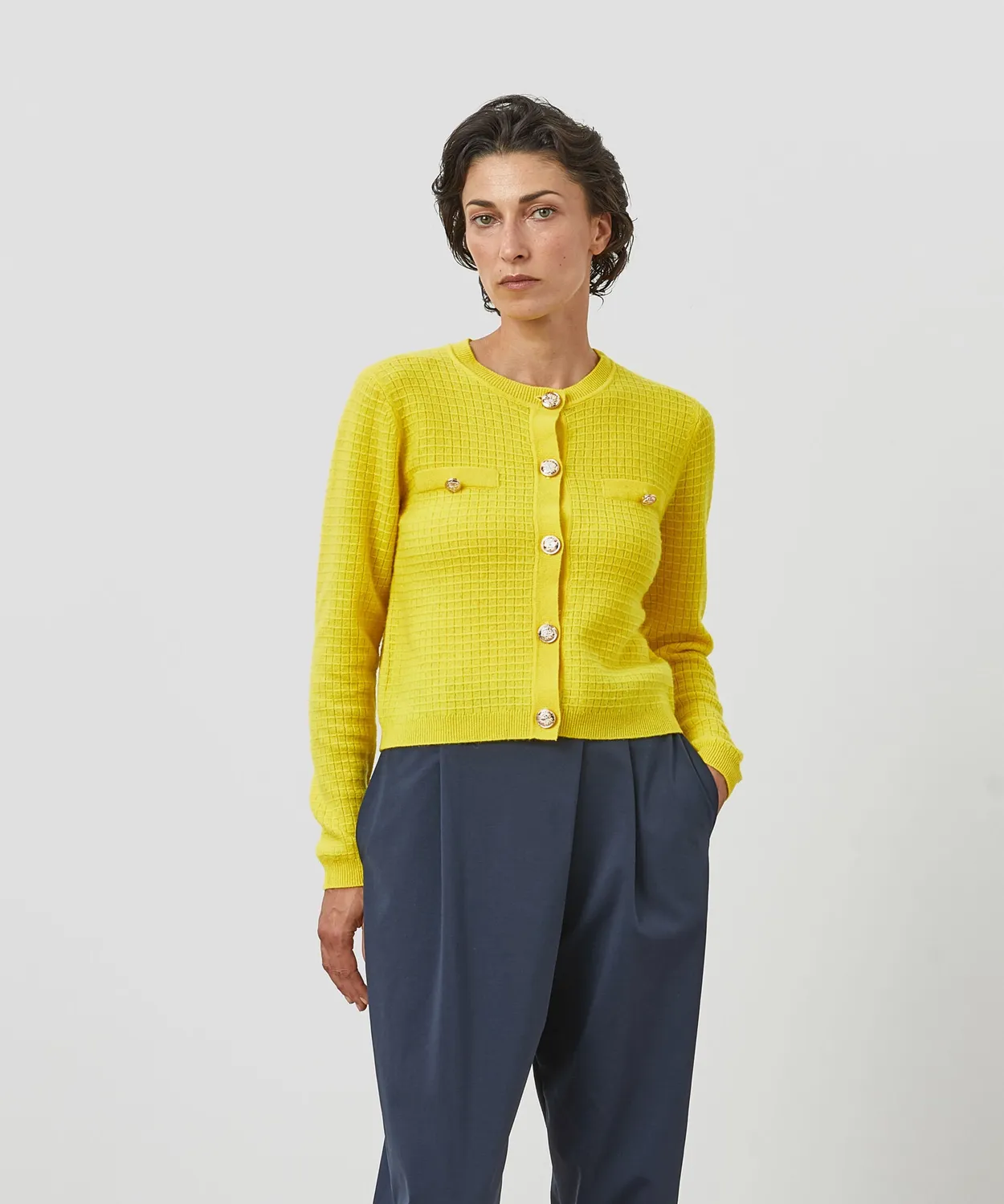 Rodier Gilet Corto Cashmere Giallo Cardigan Donna Bottoni