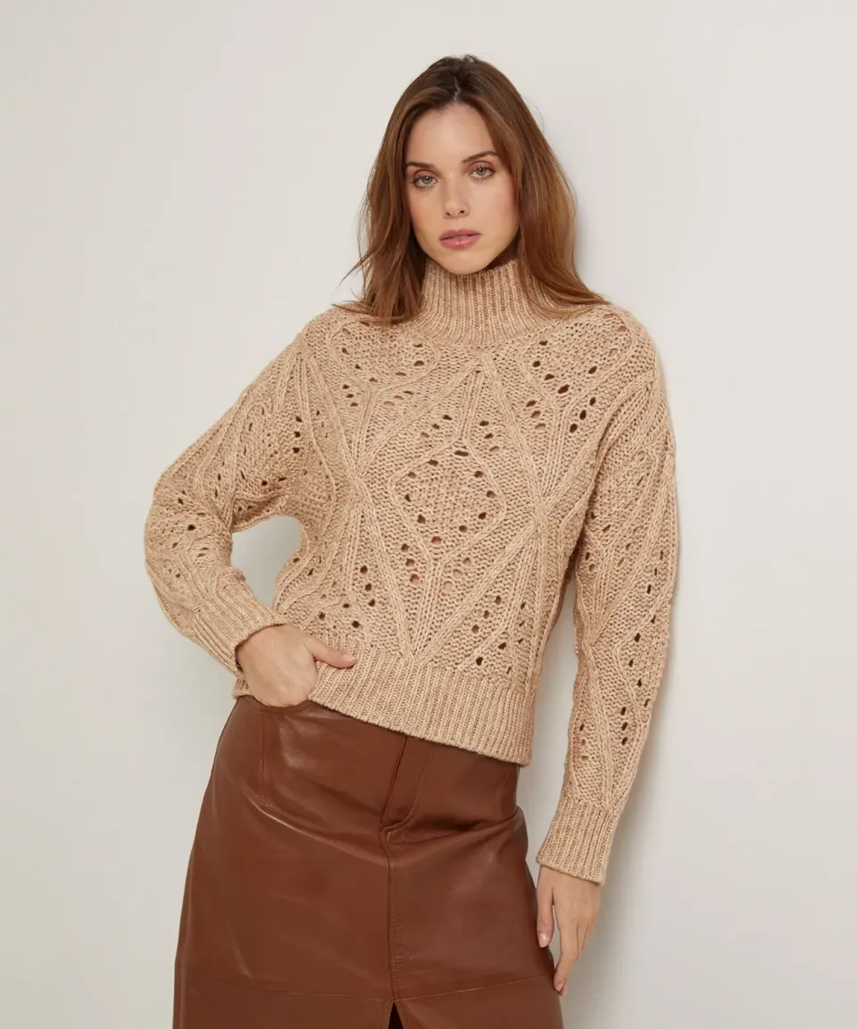 Rodier Maglia Collo Alto Traforato Cotone Lana Beige Ficelle