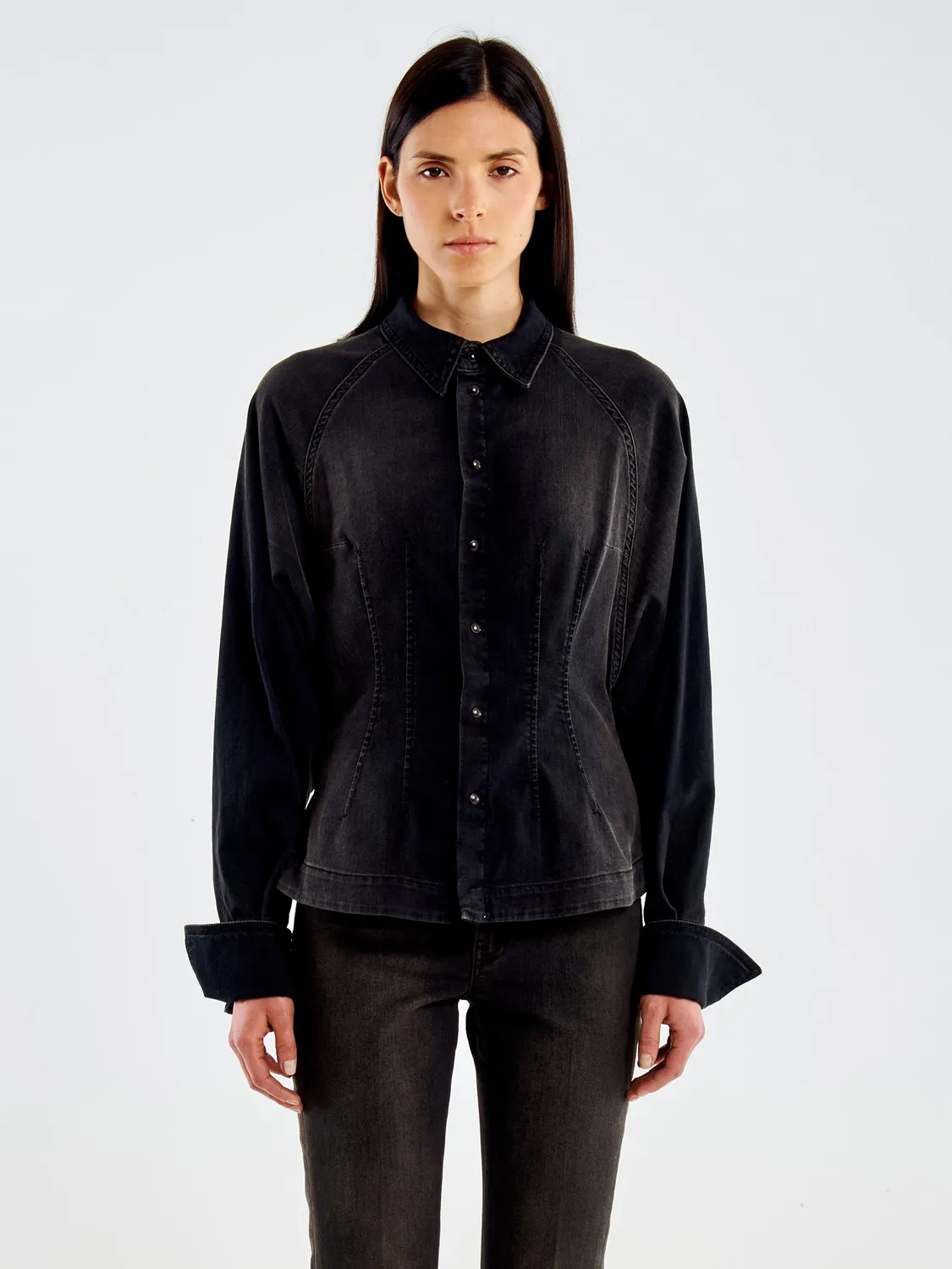Vicolo Camicia in Jeans Effetto Dirty camicia nera aderente