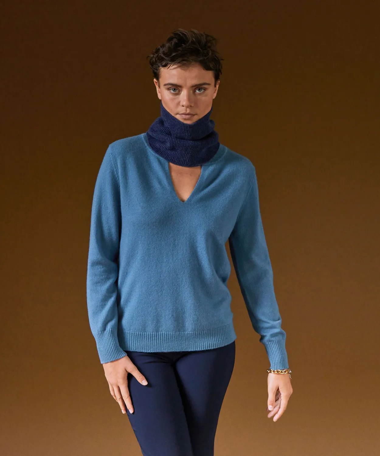 Rodier Maglione collo tunisino cashmere blu azzurro