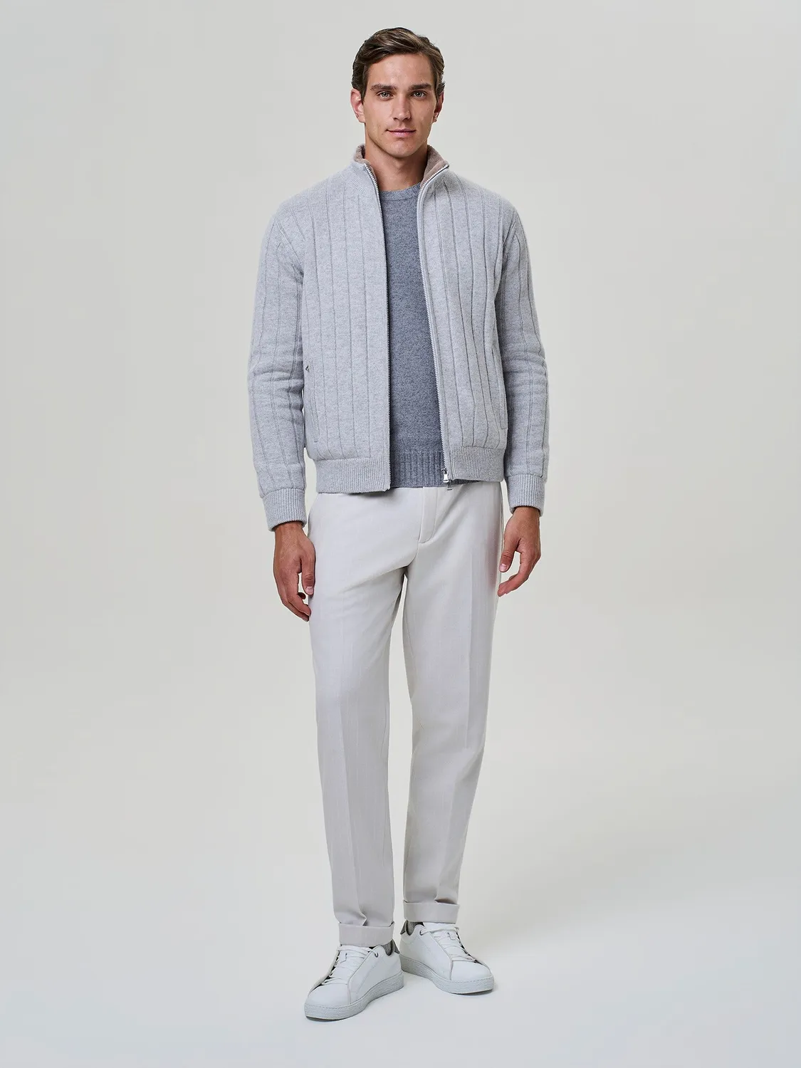 Paul Taylor pantalone wide fit jersey lana gessato burro