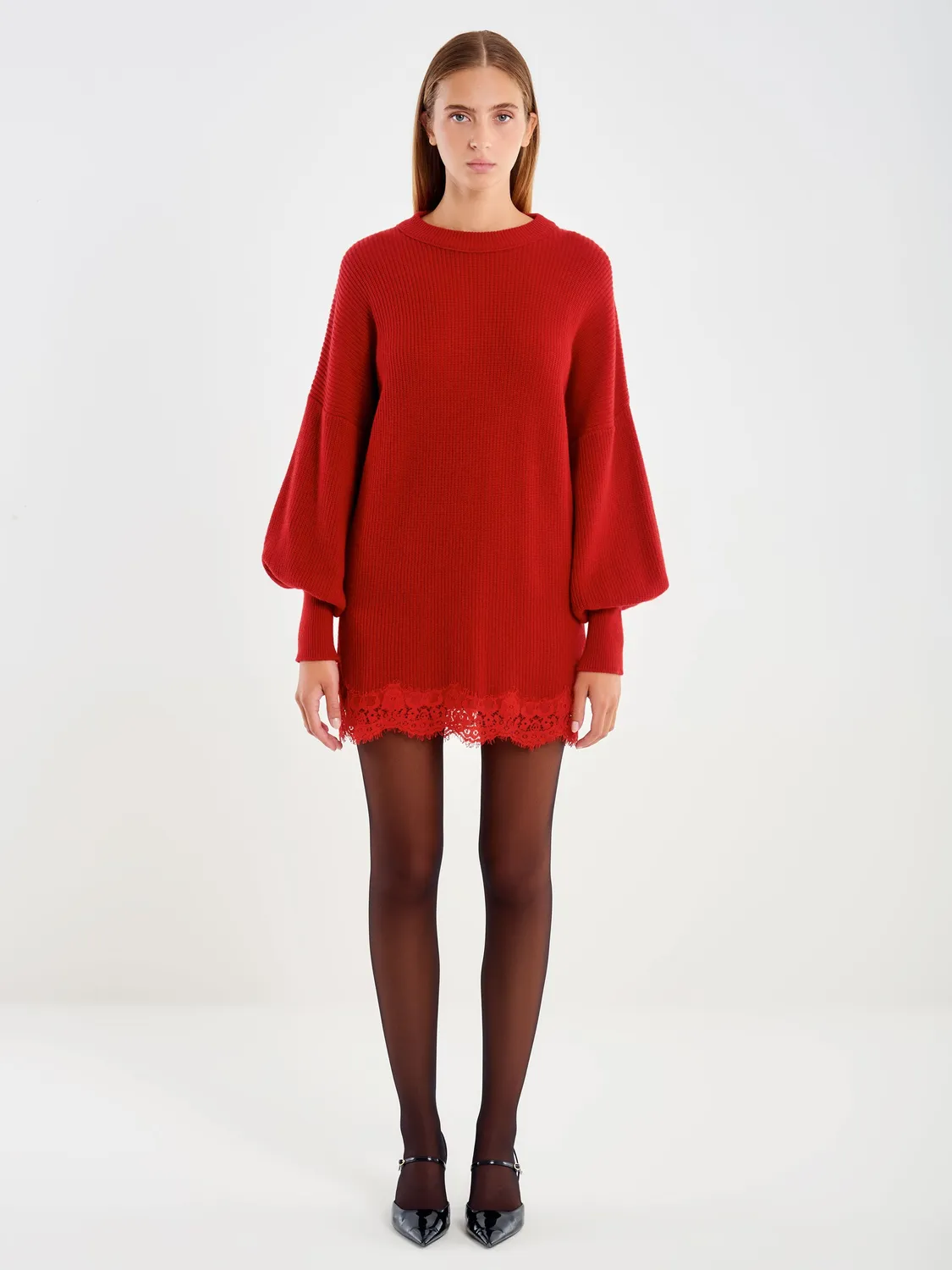 VICOLO Maglione Lungo con Pizzo rosso cotone