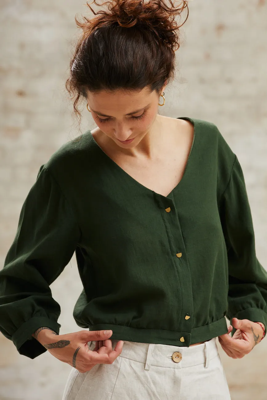 Jyoti Sahay Olive blusa crop cotone maniche palloncino