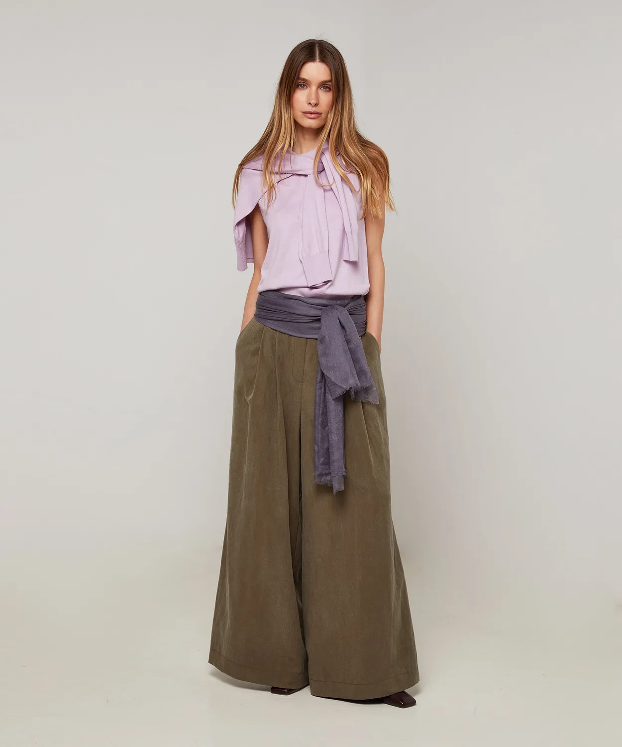 Rodier twin set girocollo seta lilla top + cardigan