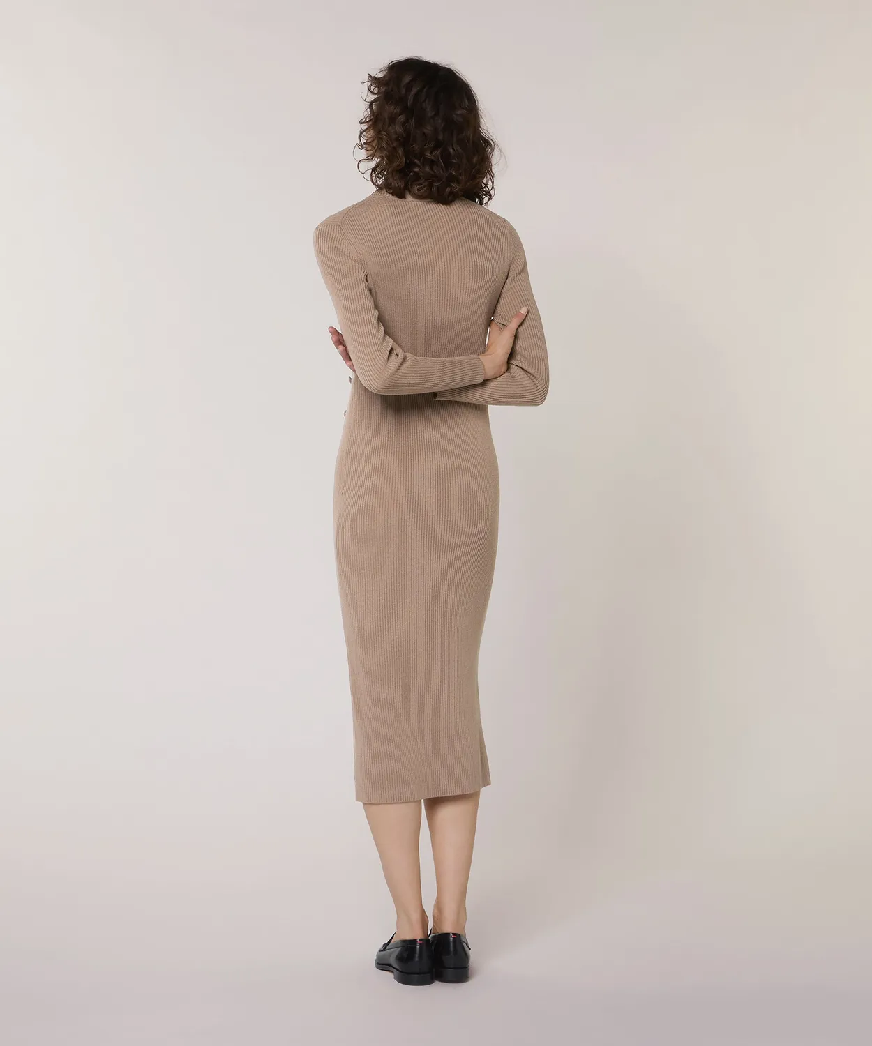 Rodier abito lungo maglia marrone moka coste scollo alto