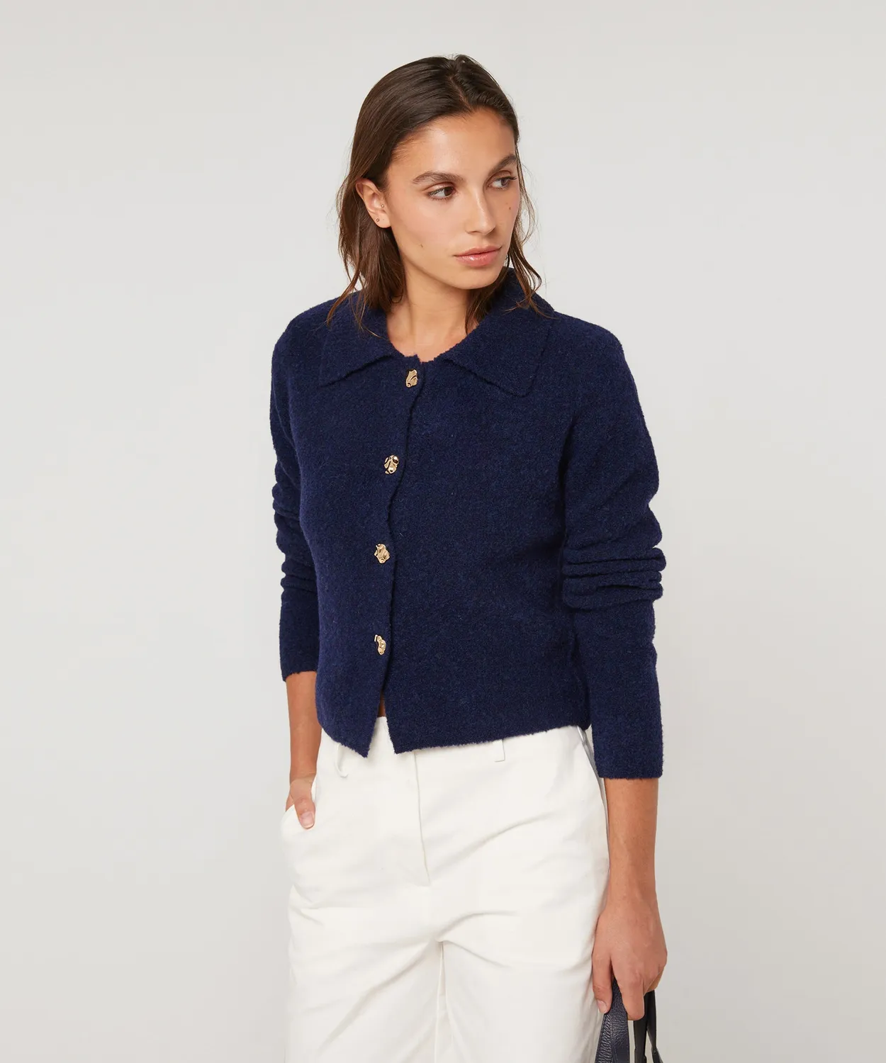 Rodier Cardigan Corto Spalline Blu Marino Bottoni Oro
