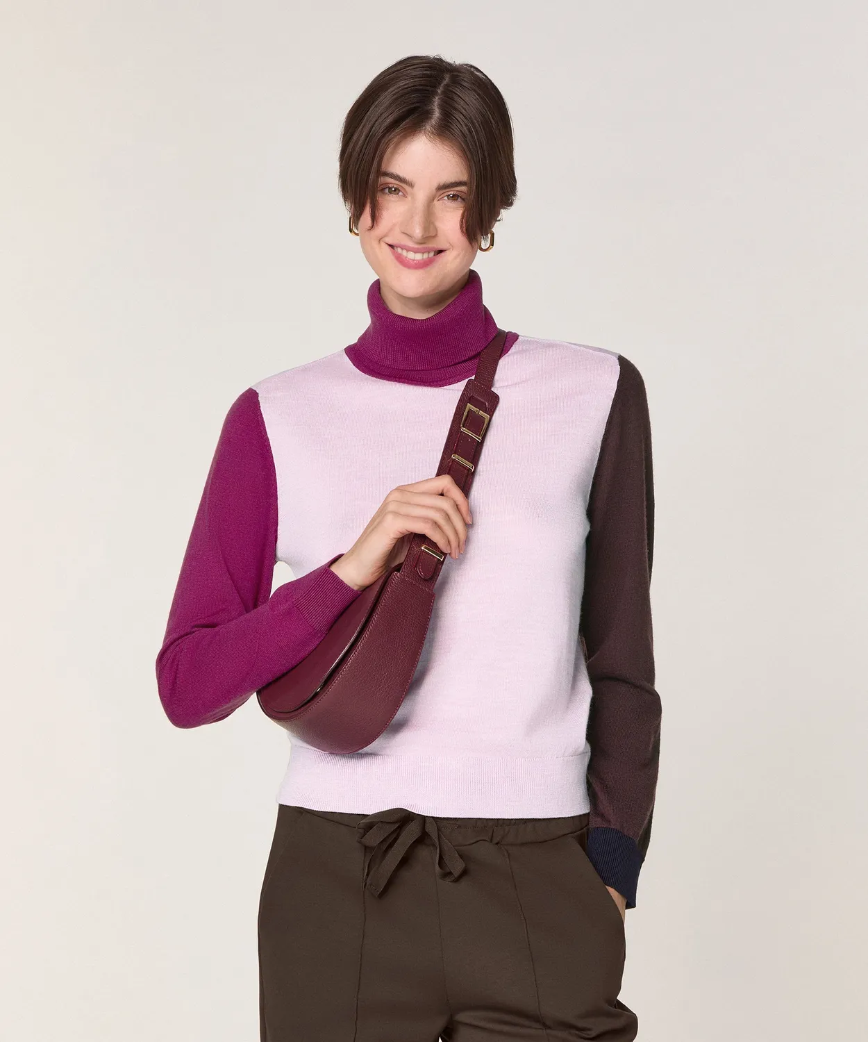 Rodier Maglione Dolcevita Color Block Rosa Pallido