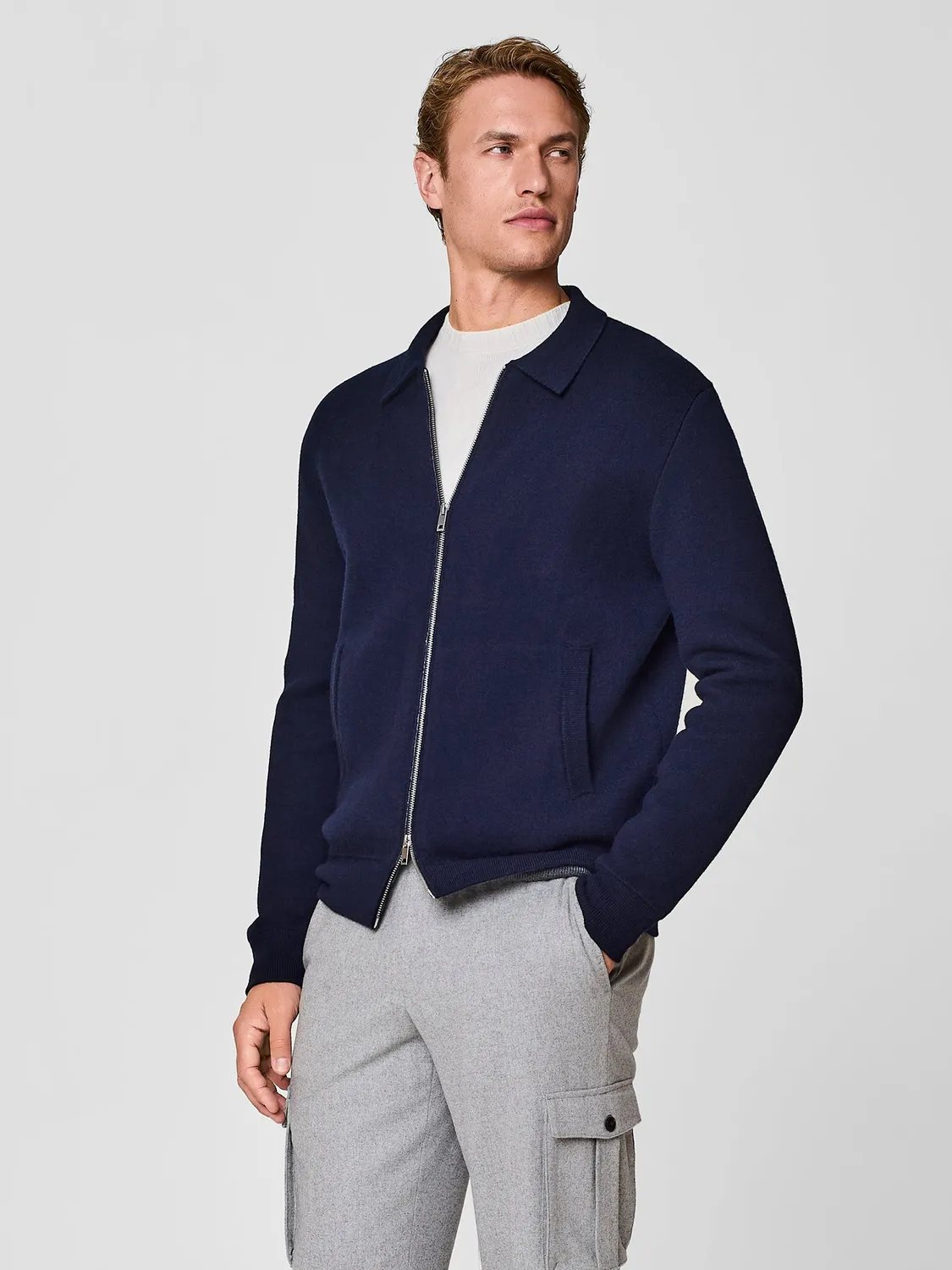 Paul Taylor Bomber Maglia Lana Jacquard Blu Zip Collo Camicia
