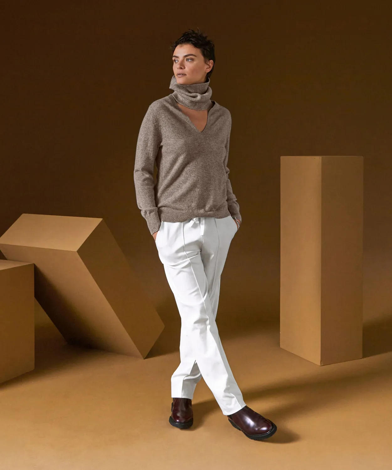 Rodier Maglione Cashmere Collo Tunisino Tortora