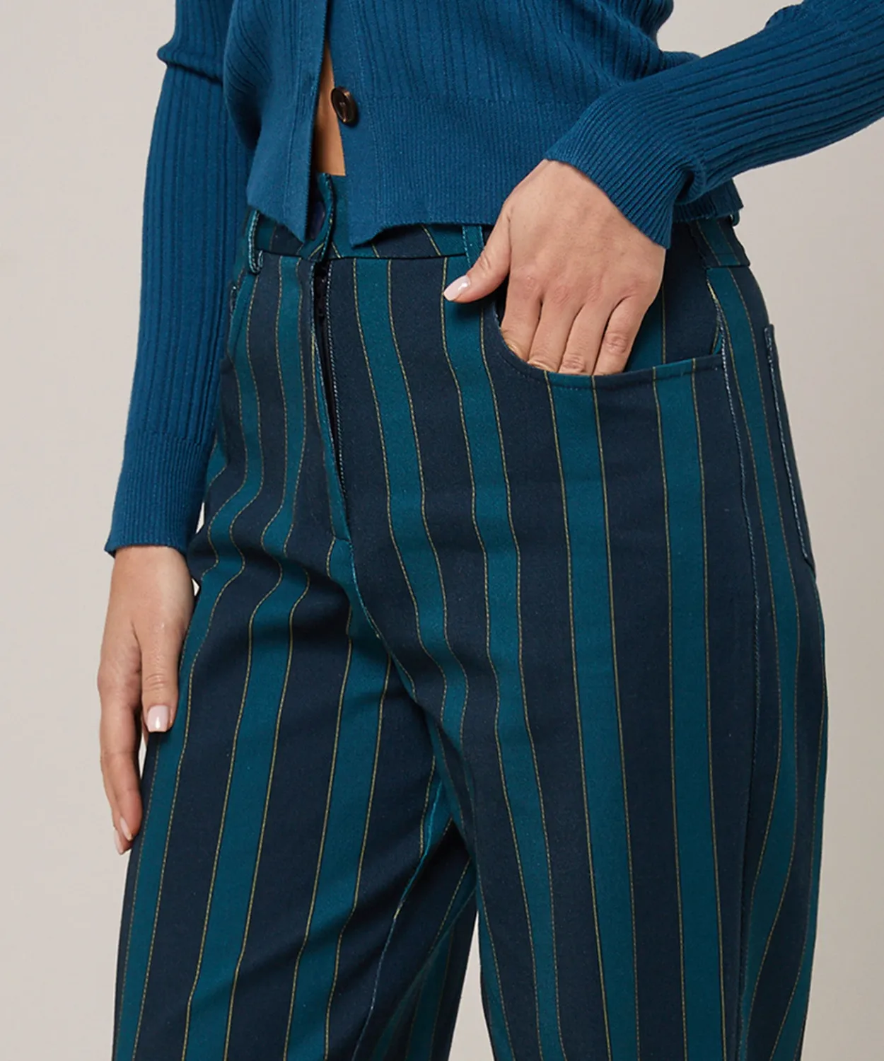 Rodier pantaloni dritti tela stampata blu righe cotone