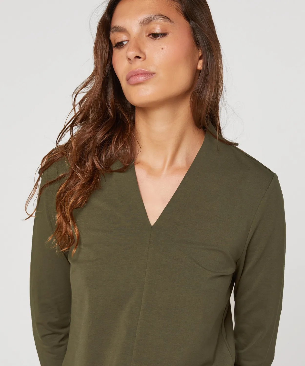 Rodier T-shirt scollo a V maniche lunghe kaki morbida