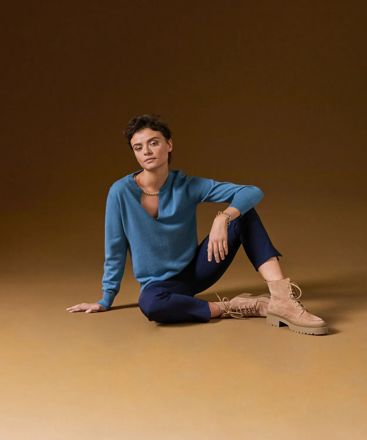 Rodier Maglione collo tunisino cashmere blu azzurro
