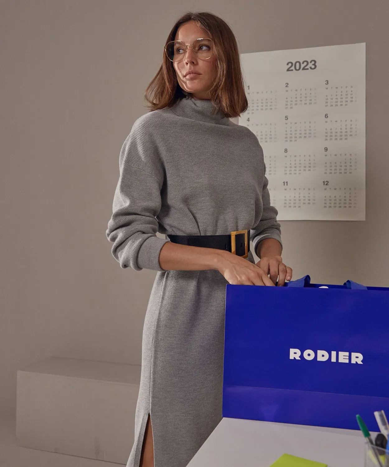 Rodier abito maglia collo alto ampio grigio medio