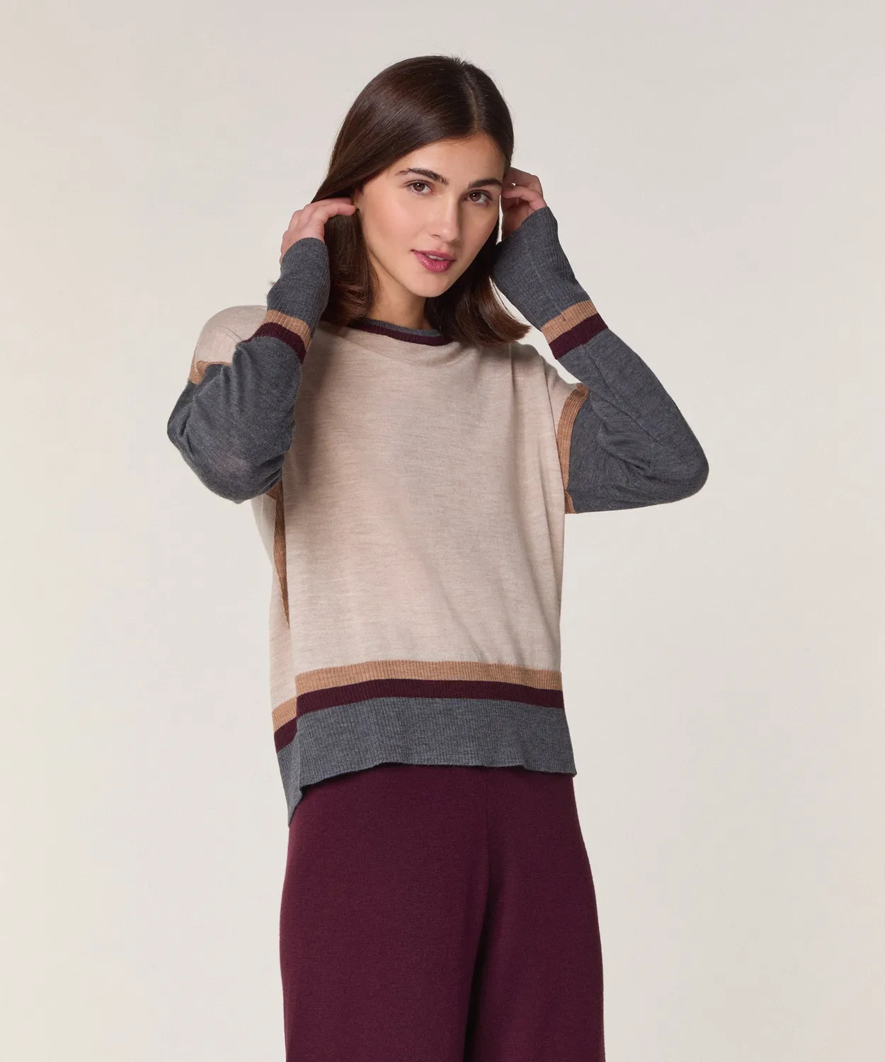 Rodier Maglia Girocollo Color Block Merino Bianco Ecru