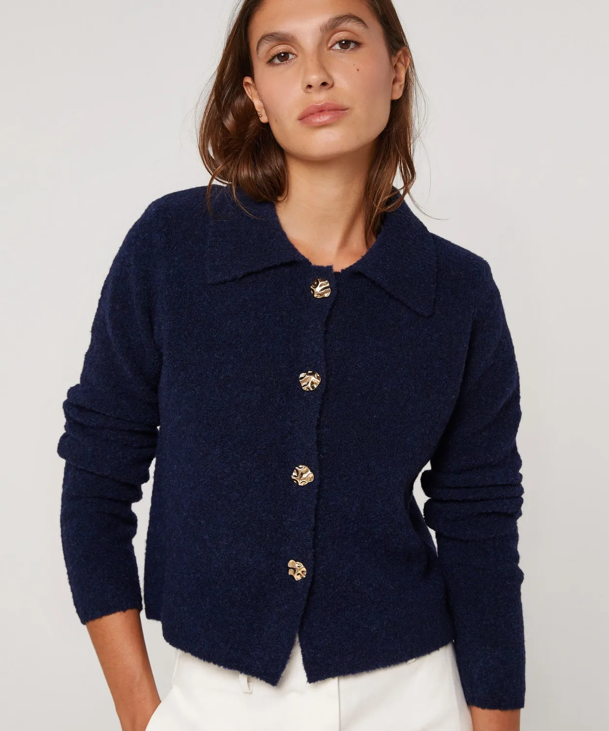 Rodier Cardigan Corto Spalline Blu Marino Bottoni Oro