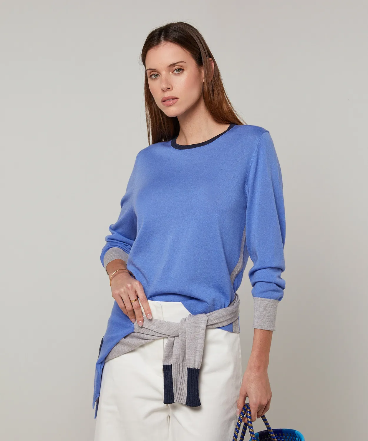 Rodier Maglione Tricolore Horizon Blue Merino Girocollo