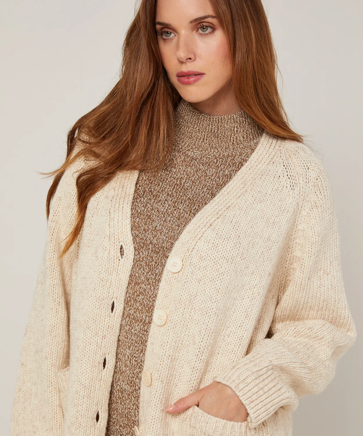 Rodier cardigan oversize traforato avorio cotone lana